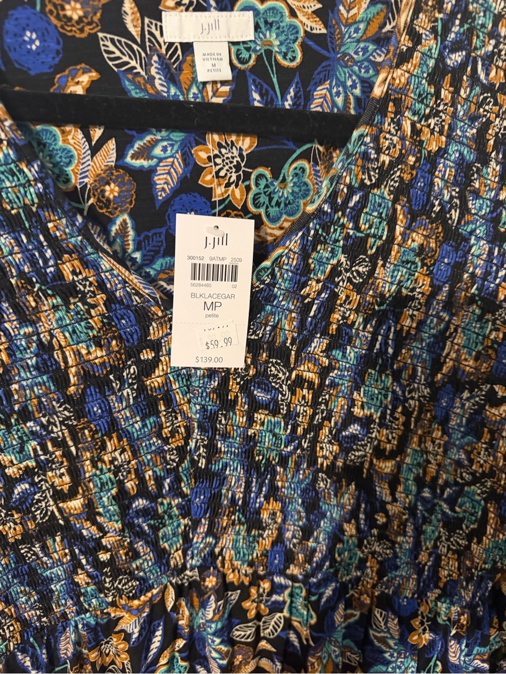 J. Jill Black Floral Smocked Dress with Blue & Gold Accents